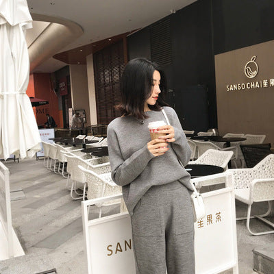 New All-match Pullover Sweater Slimming Knitted Casual Pants Fashion Suit